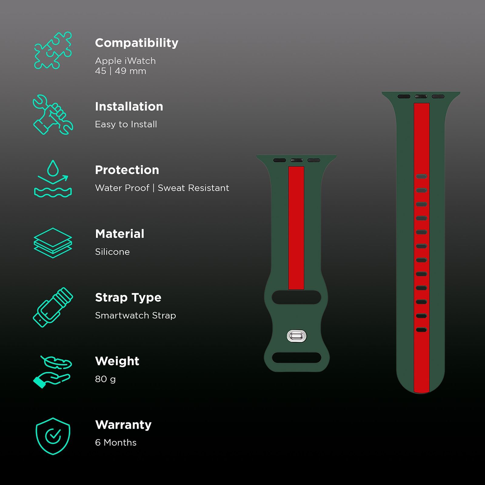 GRIPP Tutone Silicone Strap for Apple Watch Series Ultra, Ultra 2, SE, 4, 5, 6, 7, 8, 9, 10 (44mm / 45mm / 46mm / 49mm) (Soft and Comfortable, Green and Red)_2