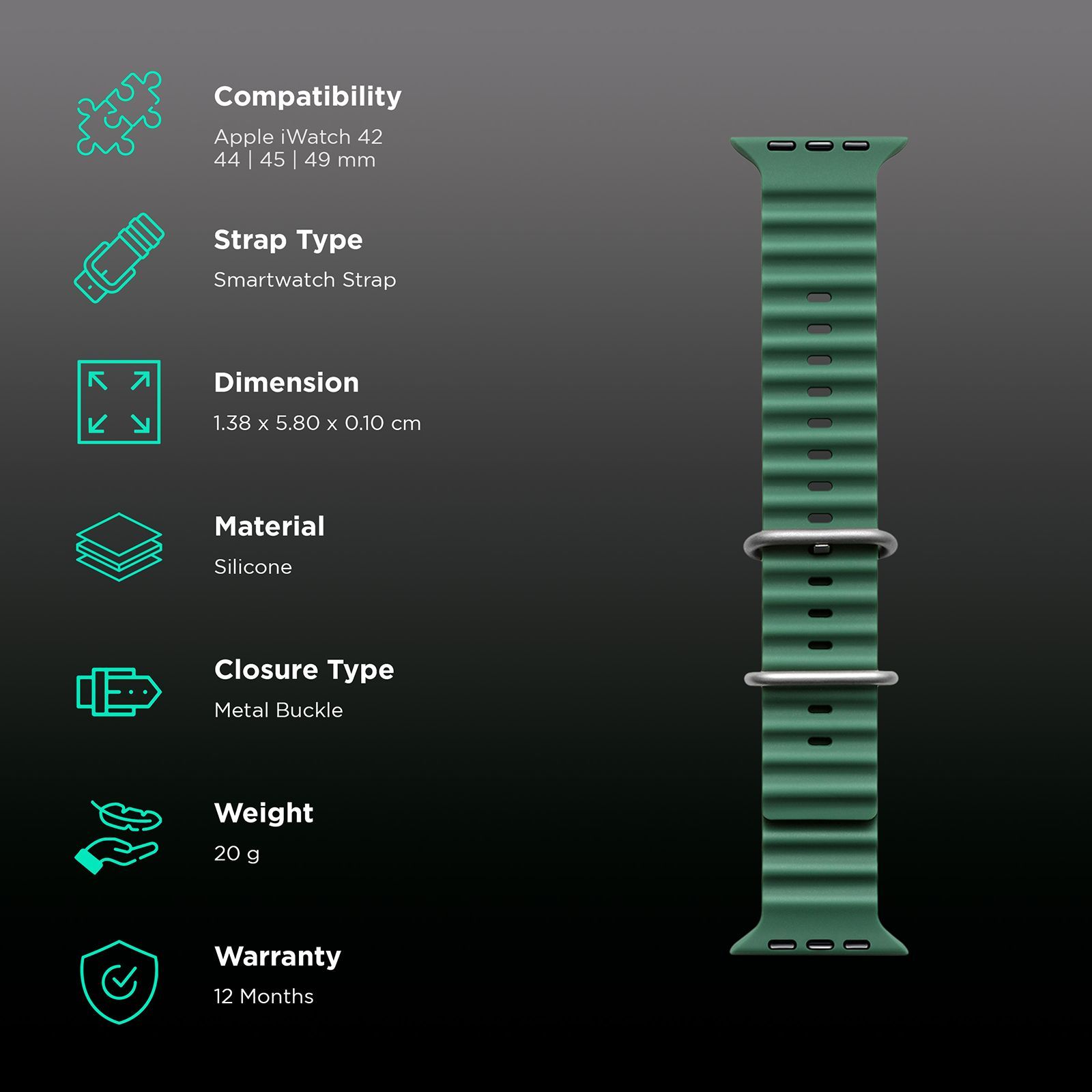 Muvtech Active Silicon Strap for Apple iWatch (42mm / 44mm / 45mm / 49mm) (Green) Muvtech Active Silicon Strap for Apple iWatch (42mm / 44mm / 45mm / 49mm) (Green)_2