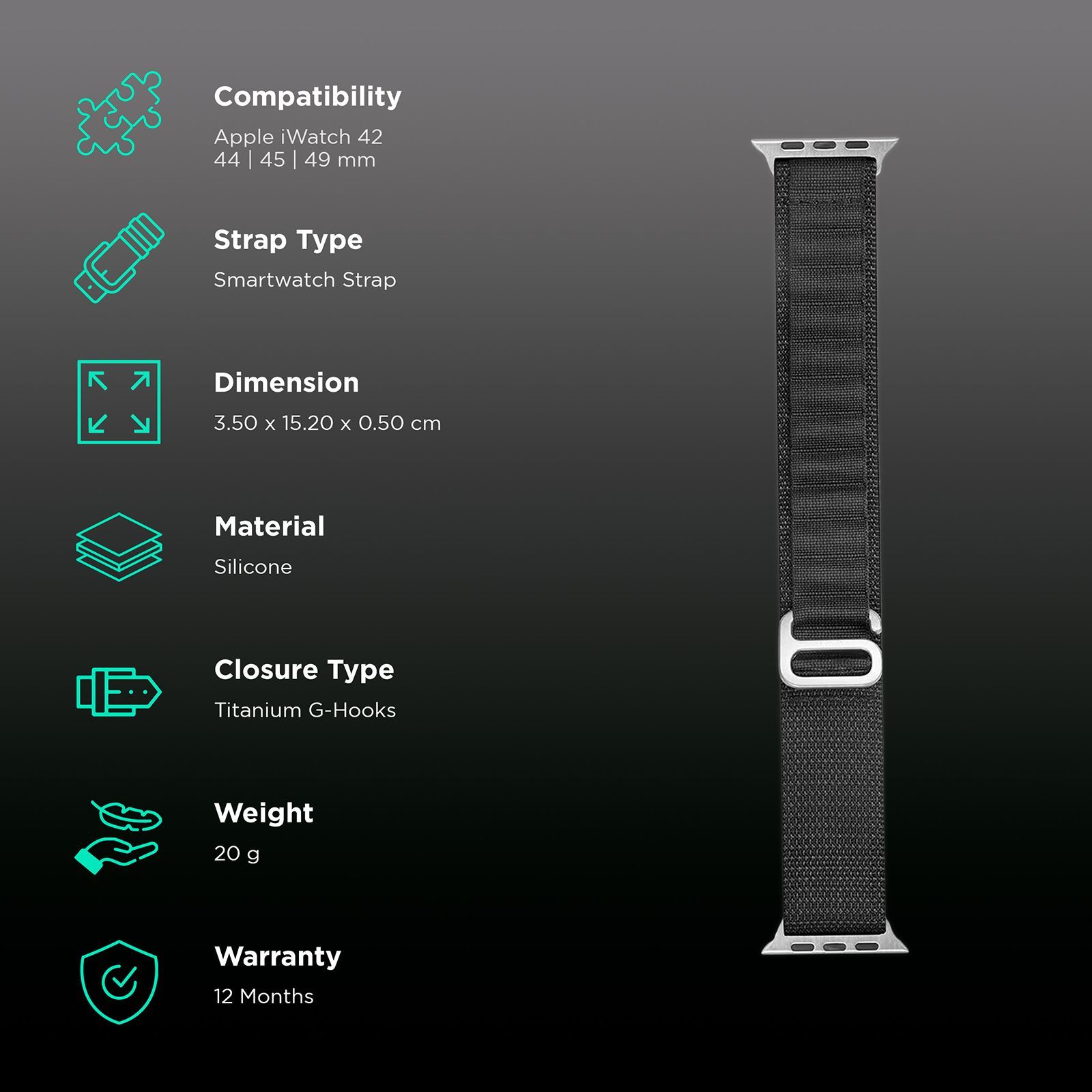 Muvtech Ace Loop Nylon Strap for Apple iWatch (42mm / 44mm / 45mm / 49mm) (Black)_2