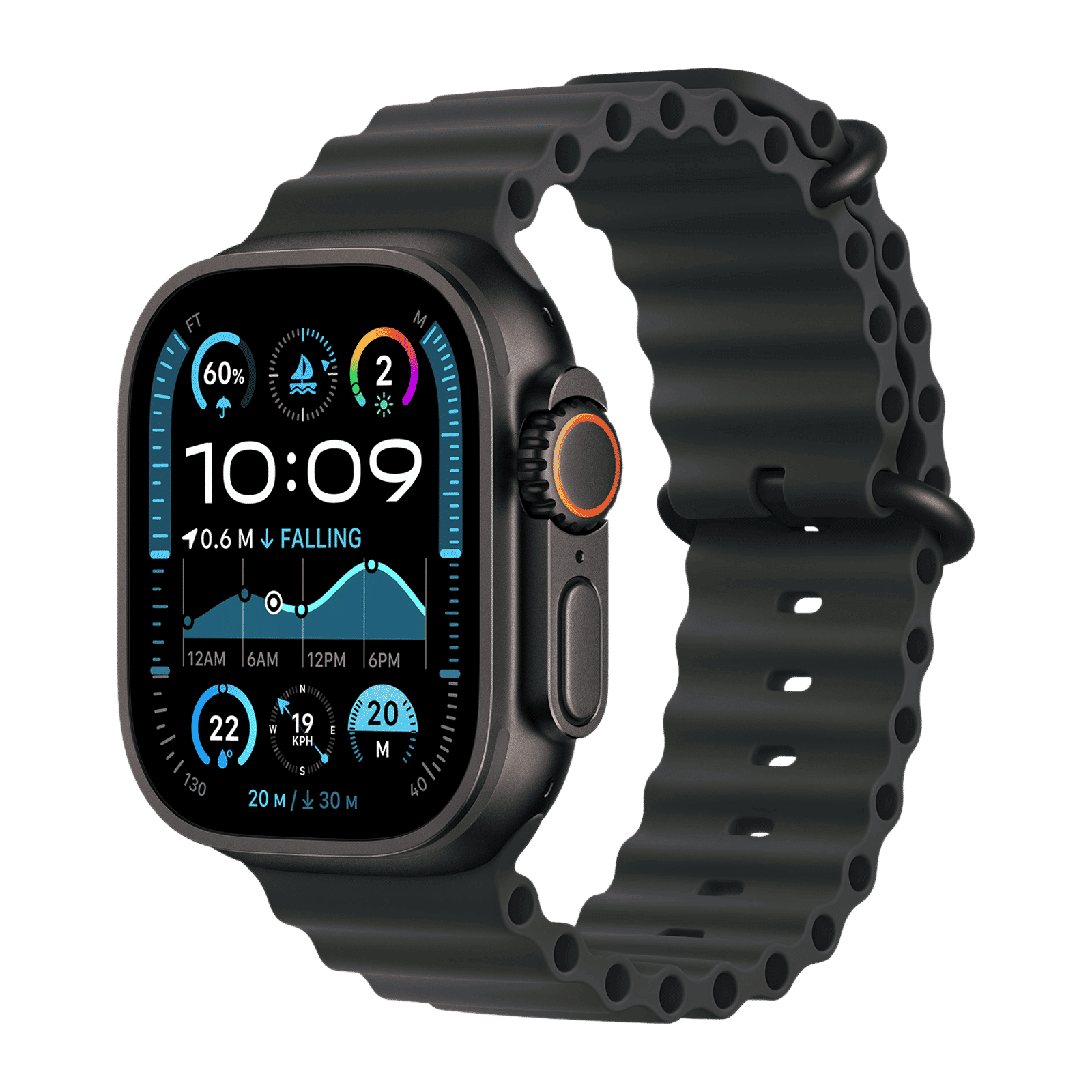 Apple Black Titanium & Fluoroelastomer Ocean Band Extension for Apple Watch (44mm / 45mm / 46mm / 49mm) (Corossion Resistant, Black)_2