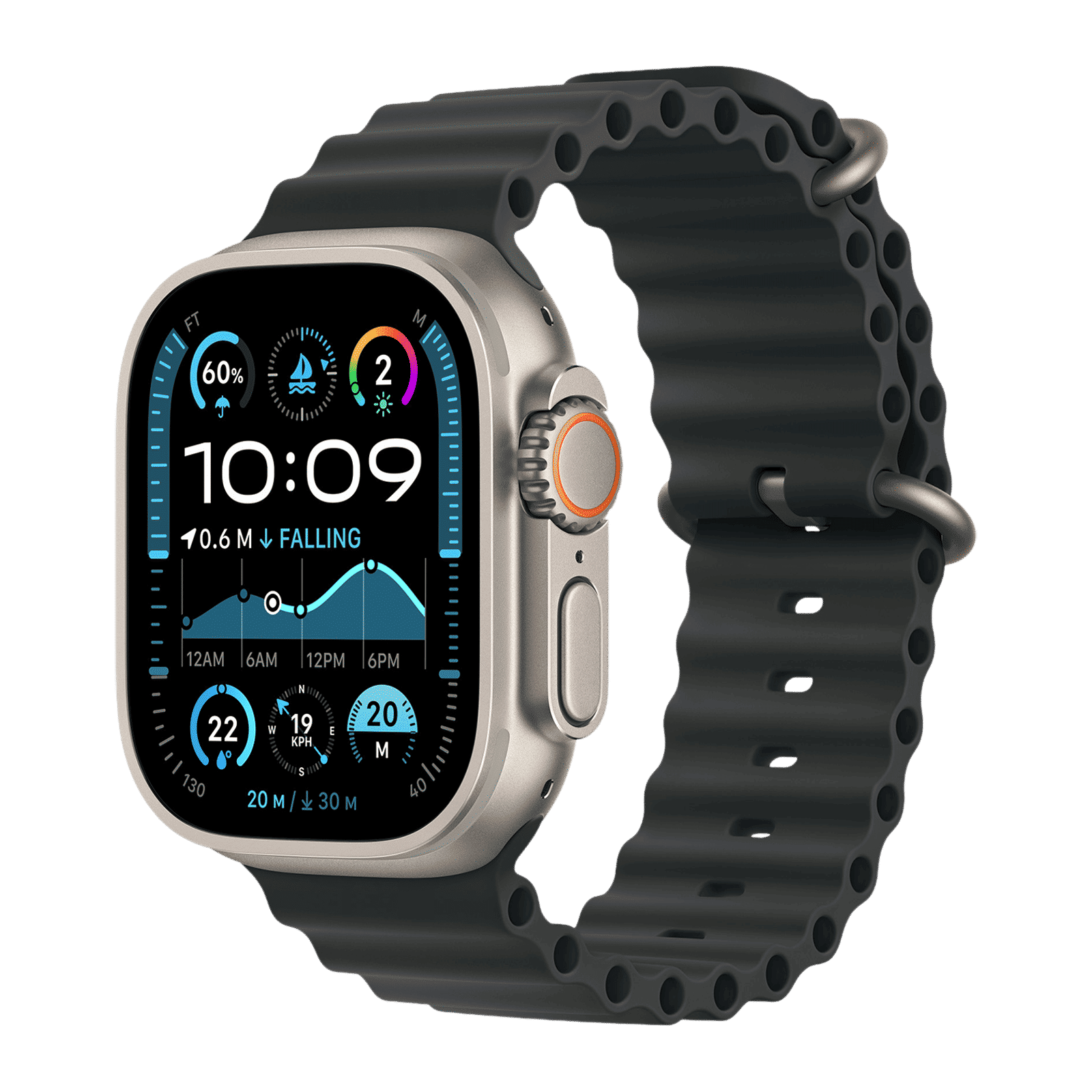 Apple Natural Titanium & Fluoroelastomer Ocean Band Extension for Apple Watch (44mm / 45mm / 46mm / 49mm) (Corossion Resistant, Black)_2