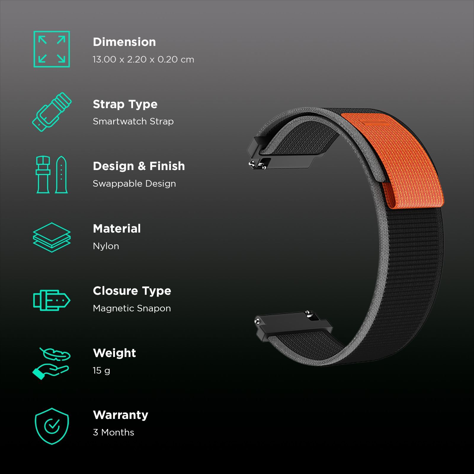 noise Drift Nylon Strap for Smartwatch (22mm) (Quick Release Pins, Grey & Black)_2