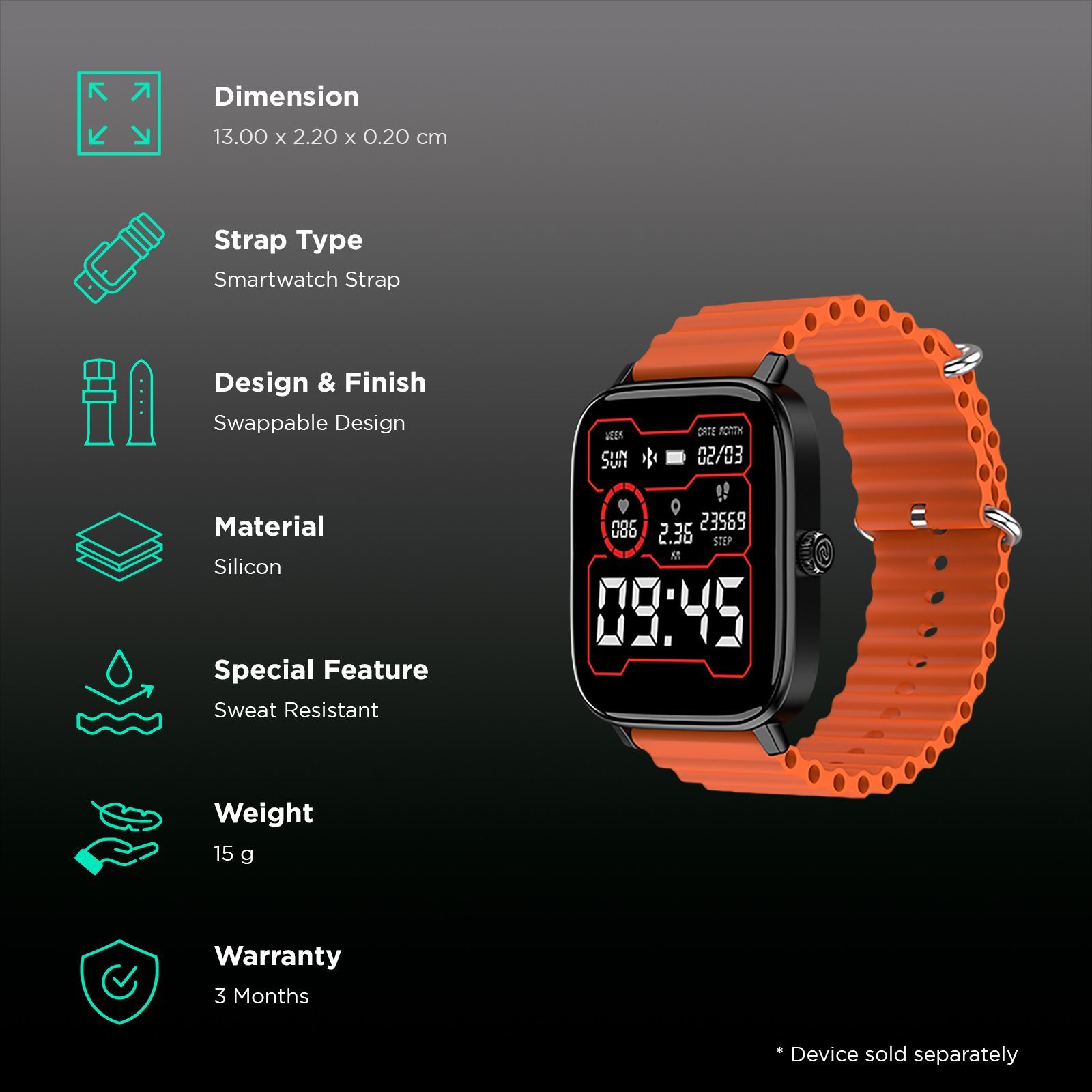 noise Ripple Silicon Strap for noise ColorFit, Mettalix, Noisefit, Force Plus & Endeavour (22mm) (Sweat Resistant, Orange) noise Ripple Silicon Strap for noise ColorFit, Mettalix, Noisefit, Force Plus & Endeavour (22mm) (Sweat Resistant, Orange)_2