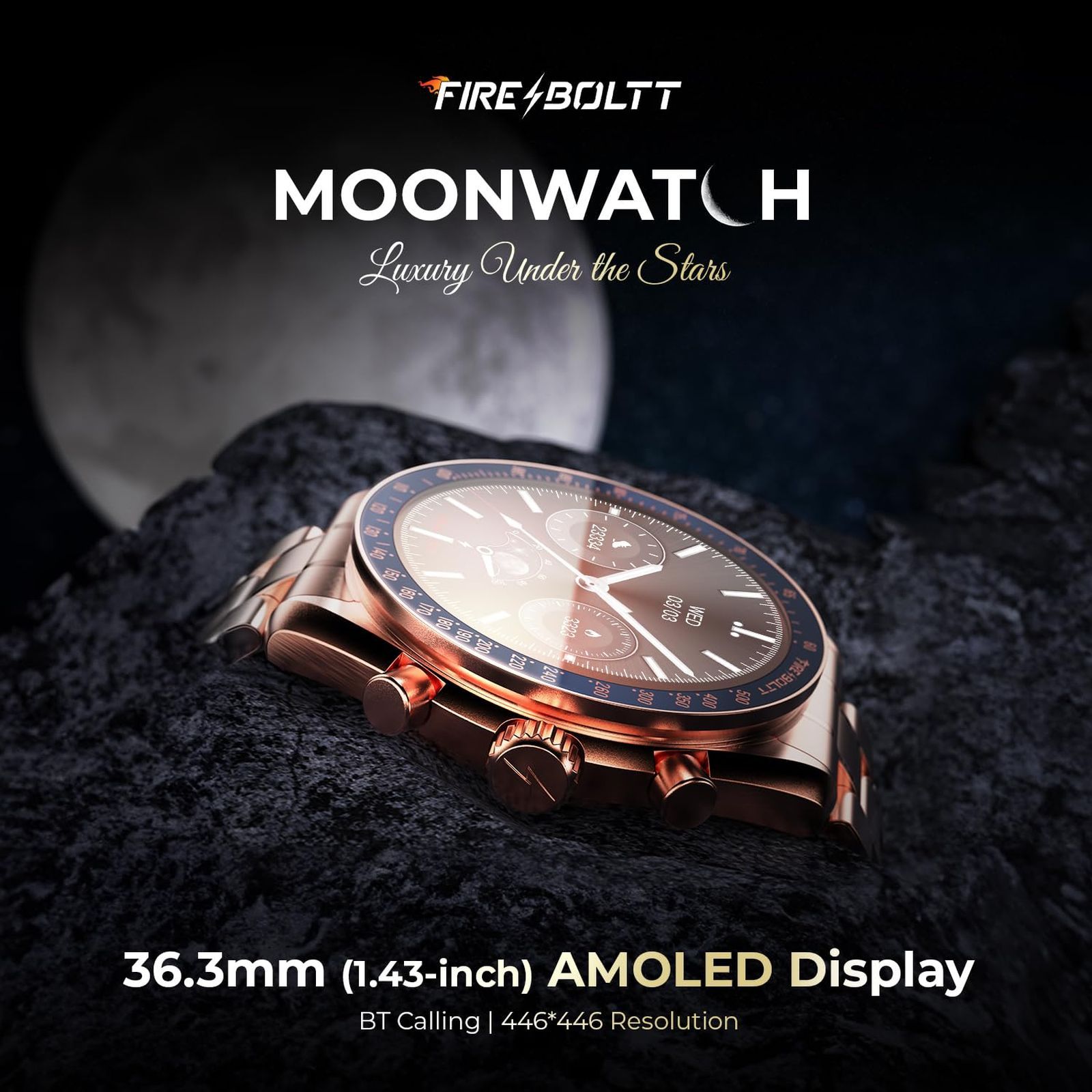 FIRE-BOLTT Moonwatch Smartwatch with Bluetooth Calling (36.3mm AMOLED Display, IP67 Water Resistant, Rose Gold Strap)_7