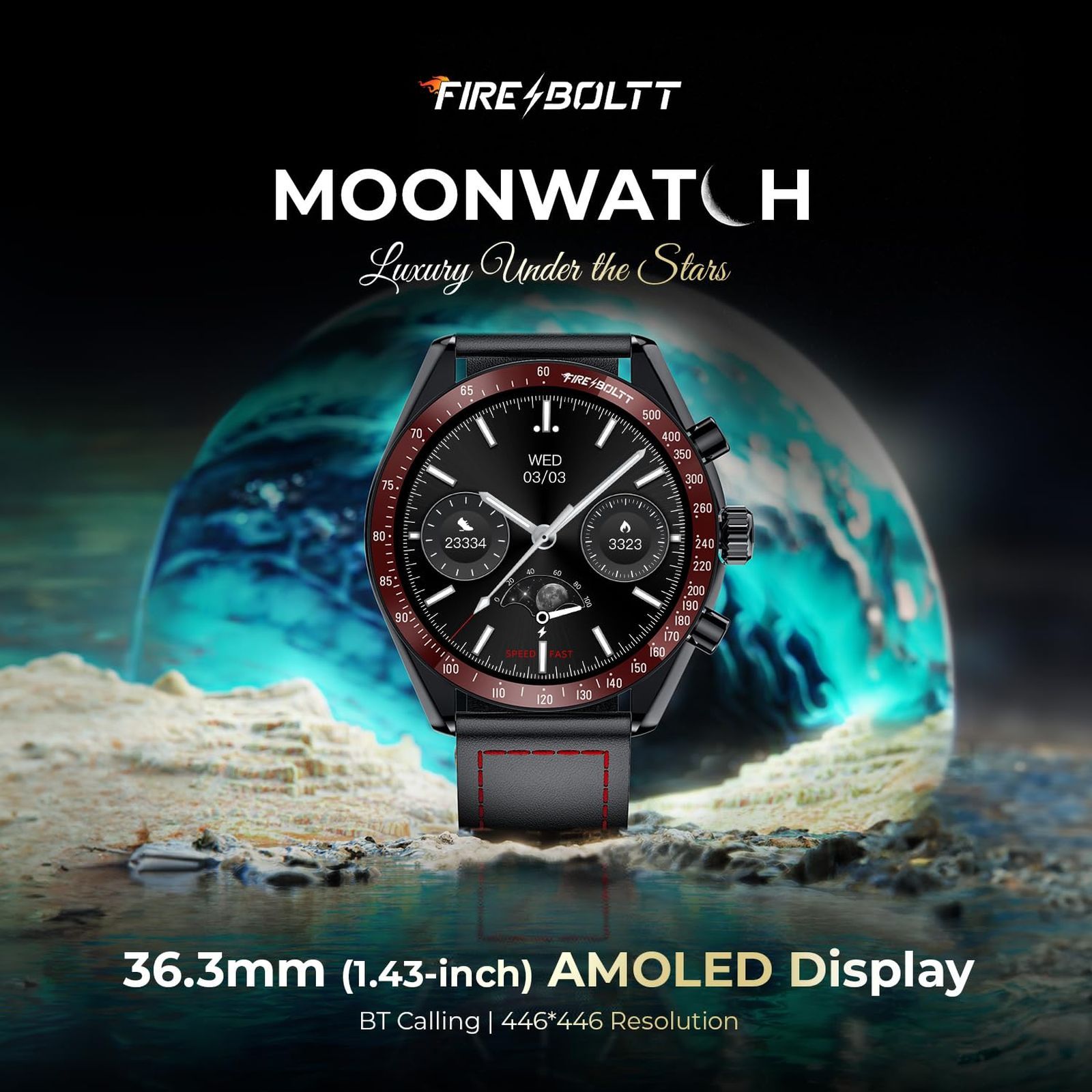 FIRE-BOLTT Moonwatch Smartwatch with Bluetooth Calling (36.3mm AMOLED Display, IP67 Water Resistant, Red & Black Strap)_4