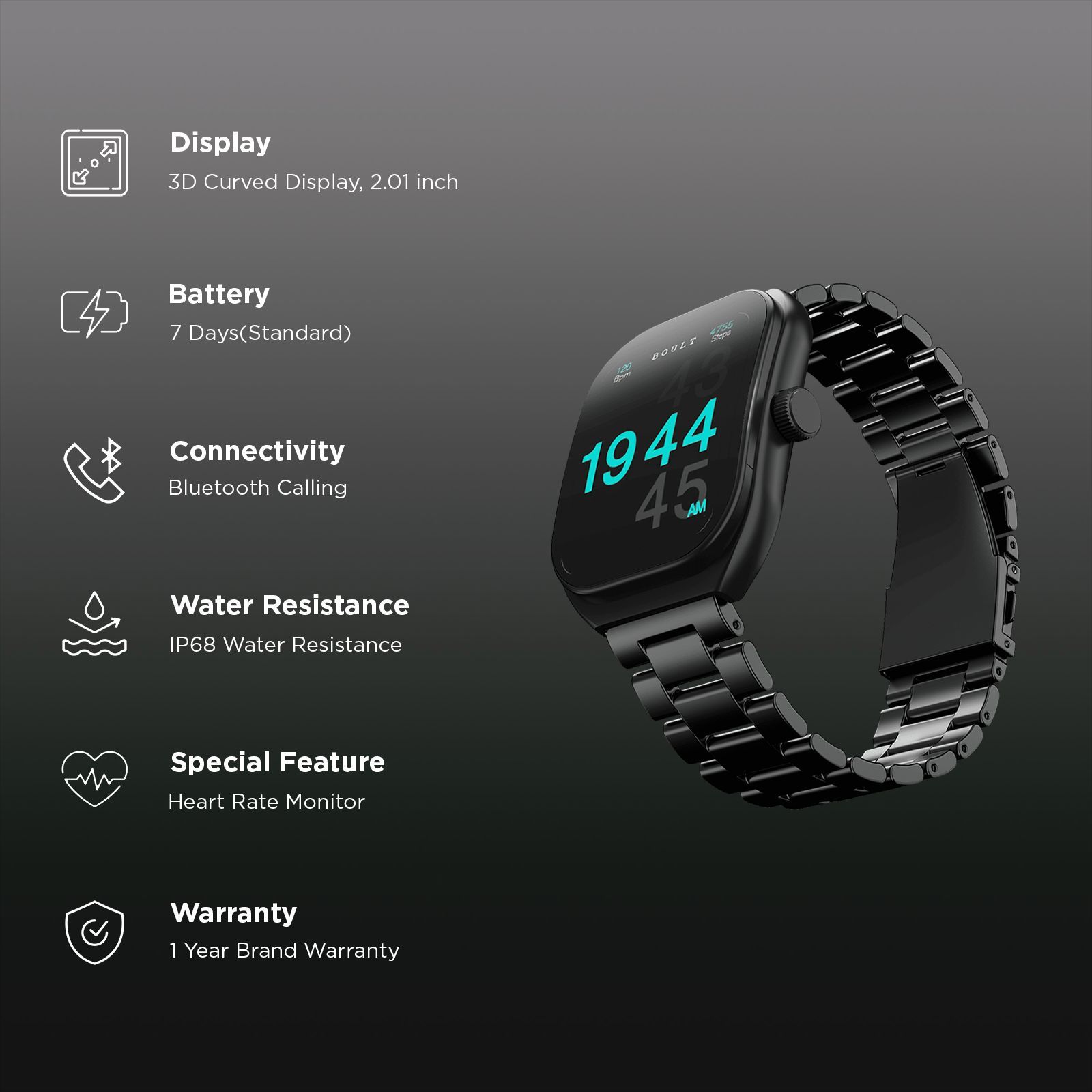 GOBOULT Kliff Bluetooth Calling Android OS Smartwatch (51.05mm HD Display, Drink Water Reminder, Black Metal Strap)_3