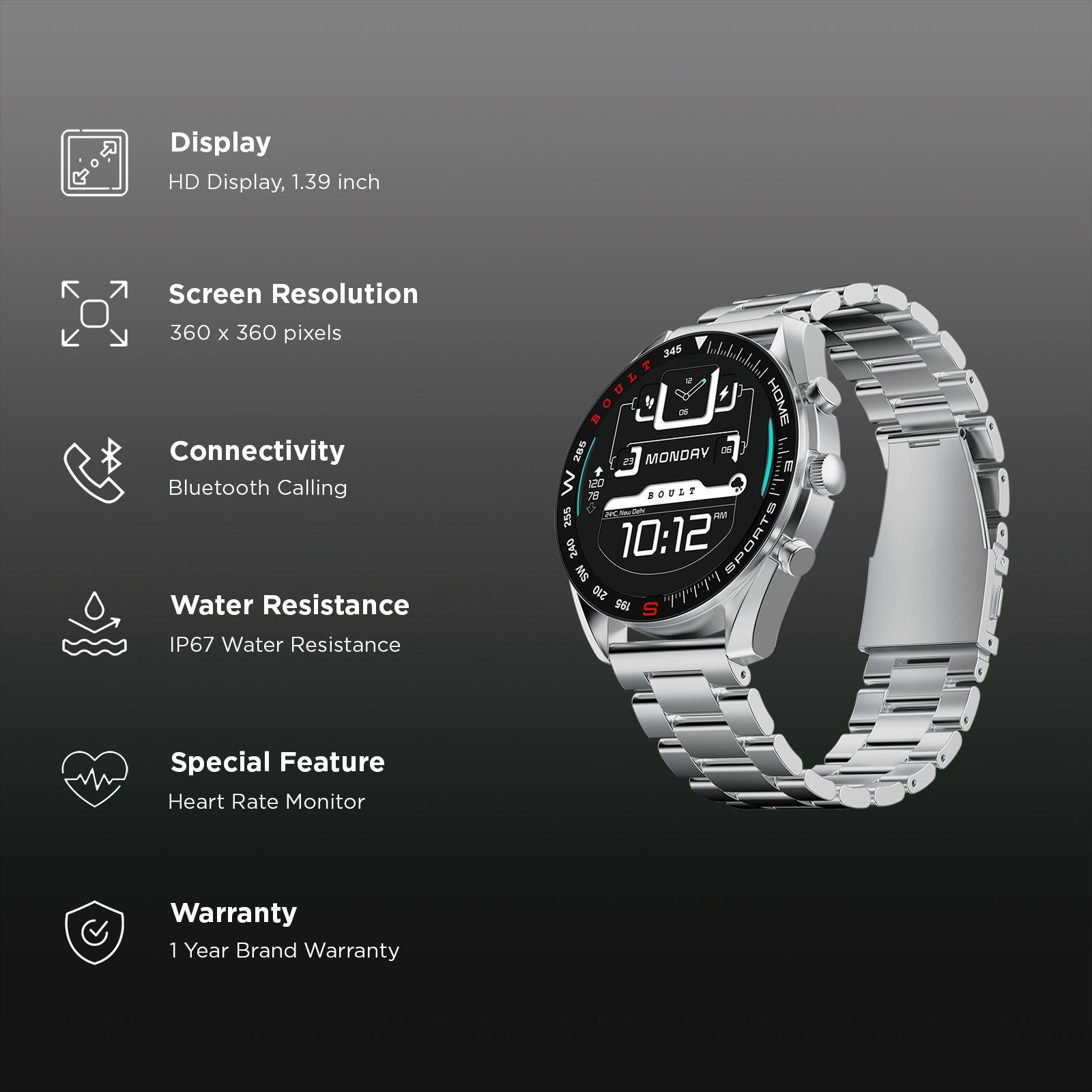 GOBOULT Radian Smartwatch with Bluetooth Calling (35.3mm HD Display, IP67 Water Resistant, Inox Steel Strap)_2