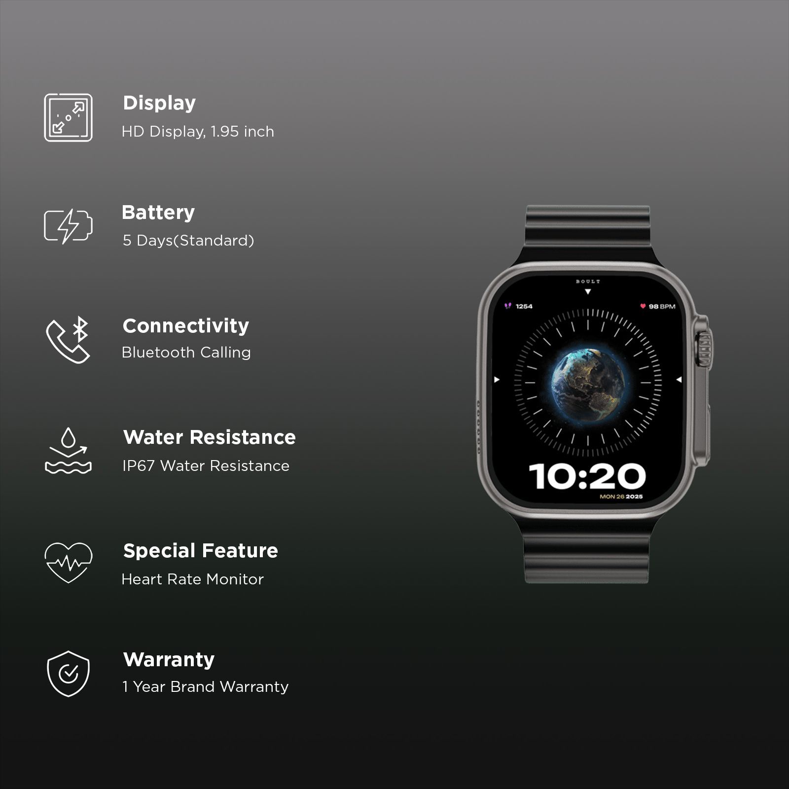 GOBOULT Crown Bluetooth Calling Android OS Smartwatch (49.5mm HD Display, Working Crown, Black Strap)_3