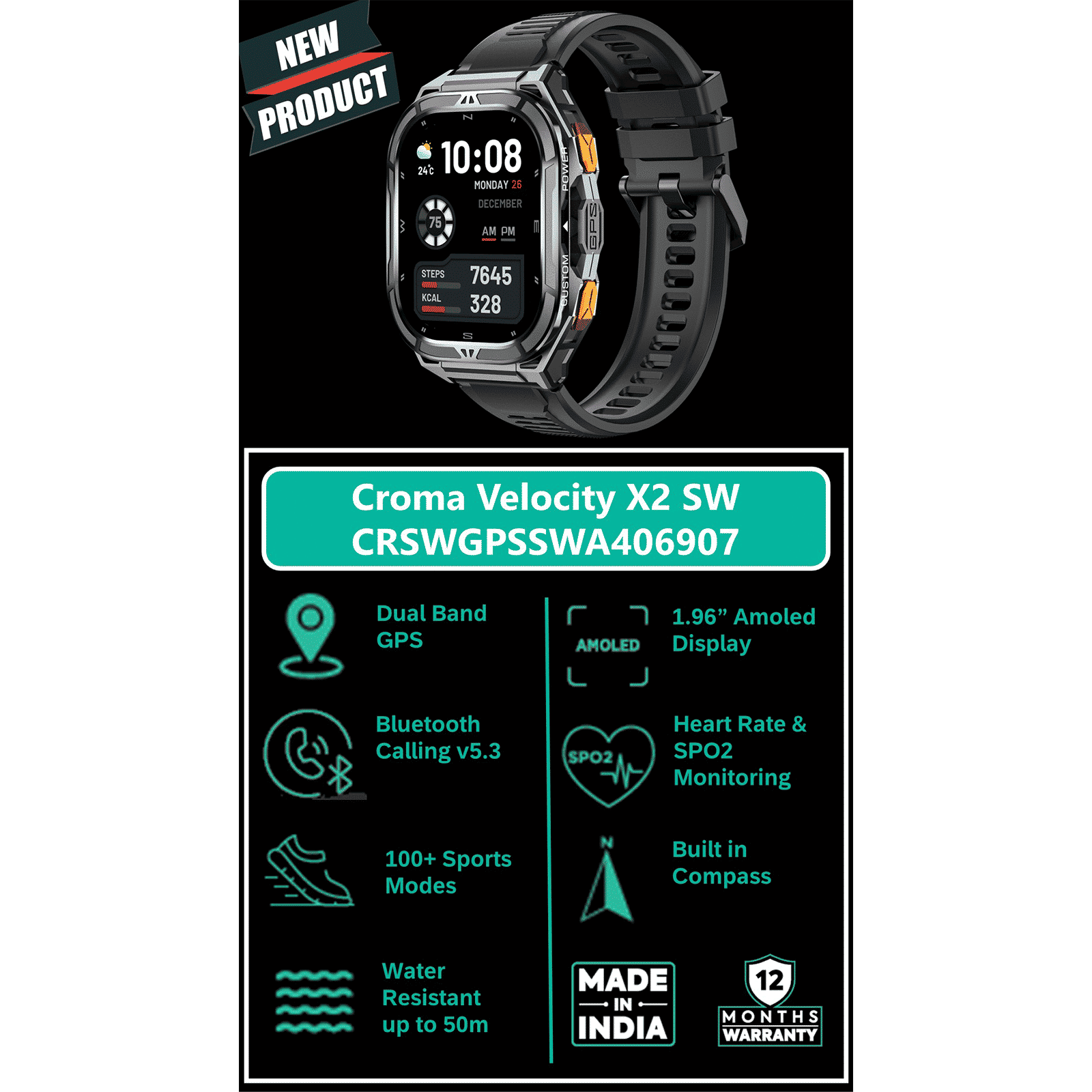 Croma Velocity X2 Smartwatch with Dual Band GPS (49.7mm AMOLED Display, 50M Water Resistant, Black Strap)_7