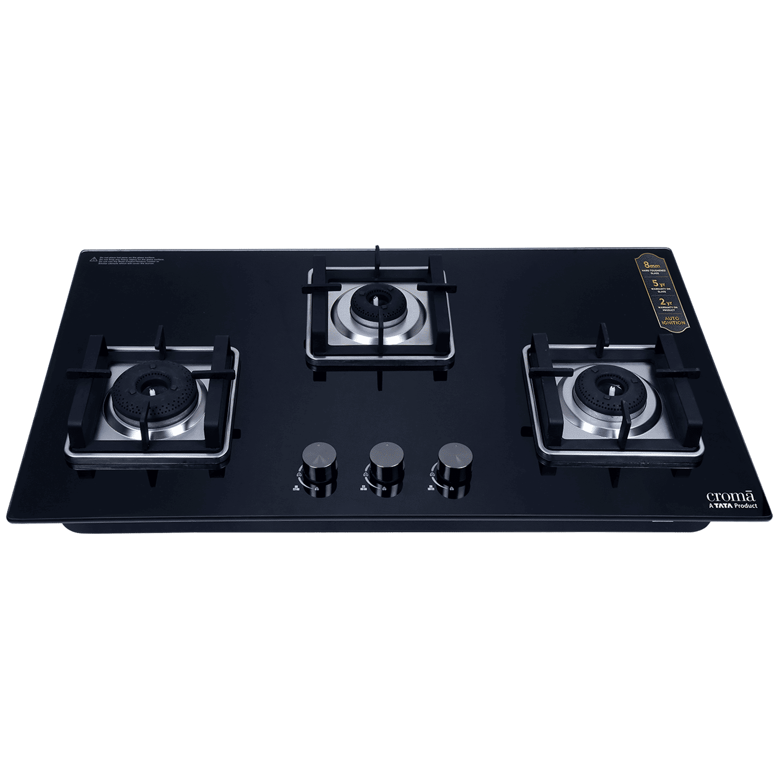 Croma Toughened Glass Top 3 Burner Automatic Hob (Double Drip Tray, Black)_1