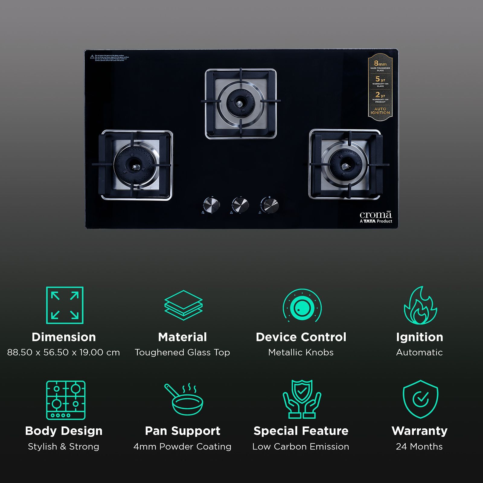 Croma Toughened Glass Top 3 Burner Automatic Hob (Double Drip Tray, Black)_3