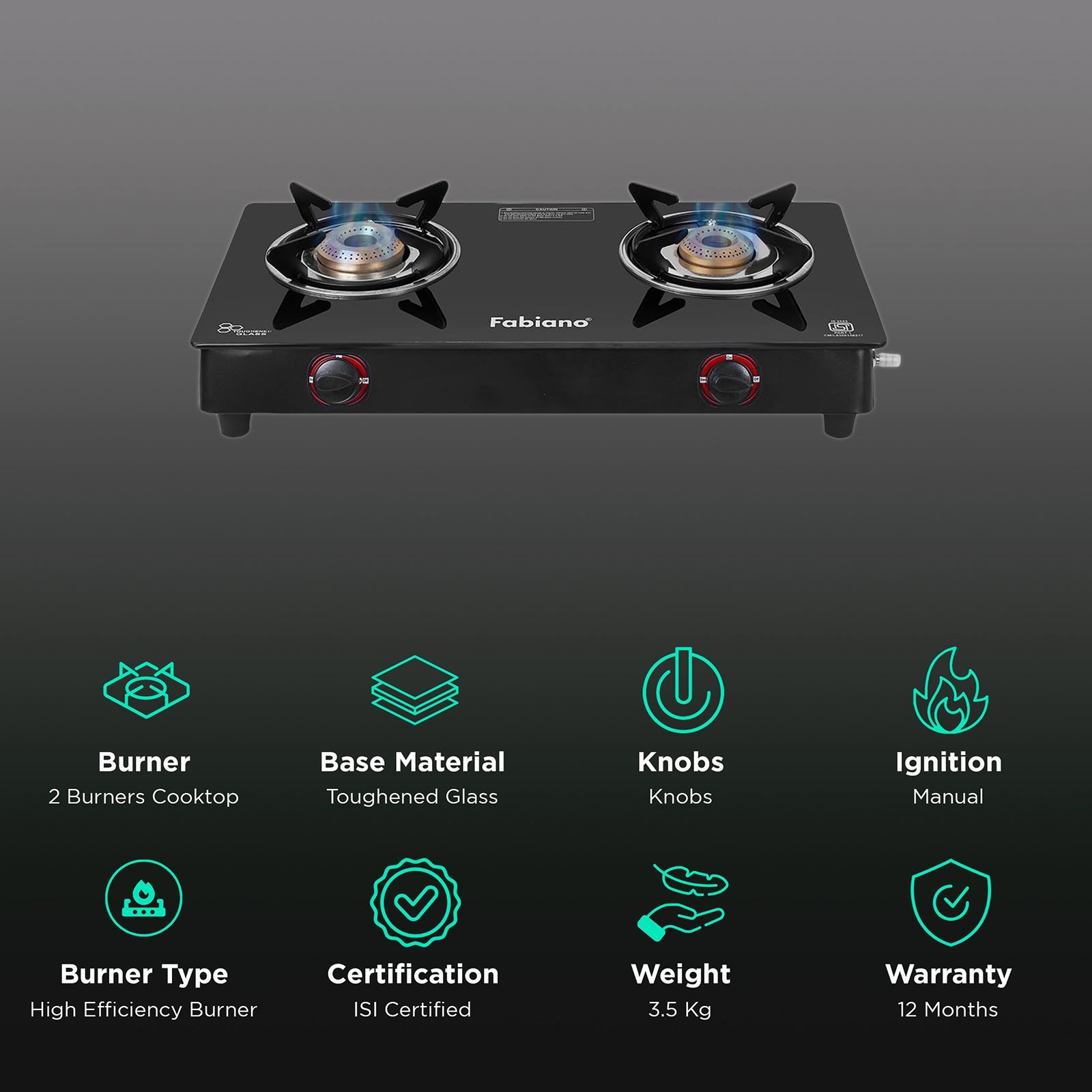 Fabiano FAB2BRNSMART Toughened Glass Top 2 Burner Manual Gas Stove (High Efficiency Burner, Black)_3