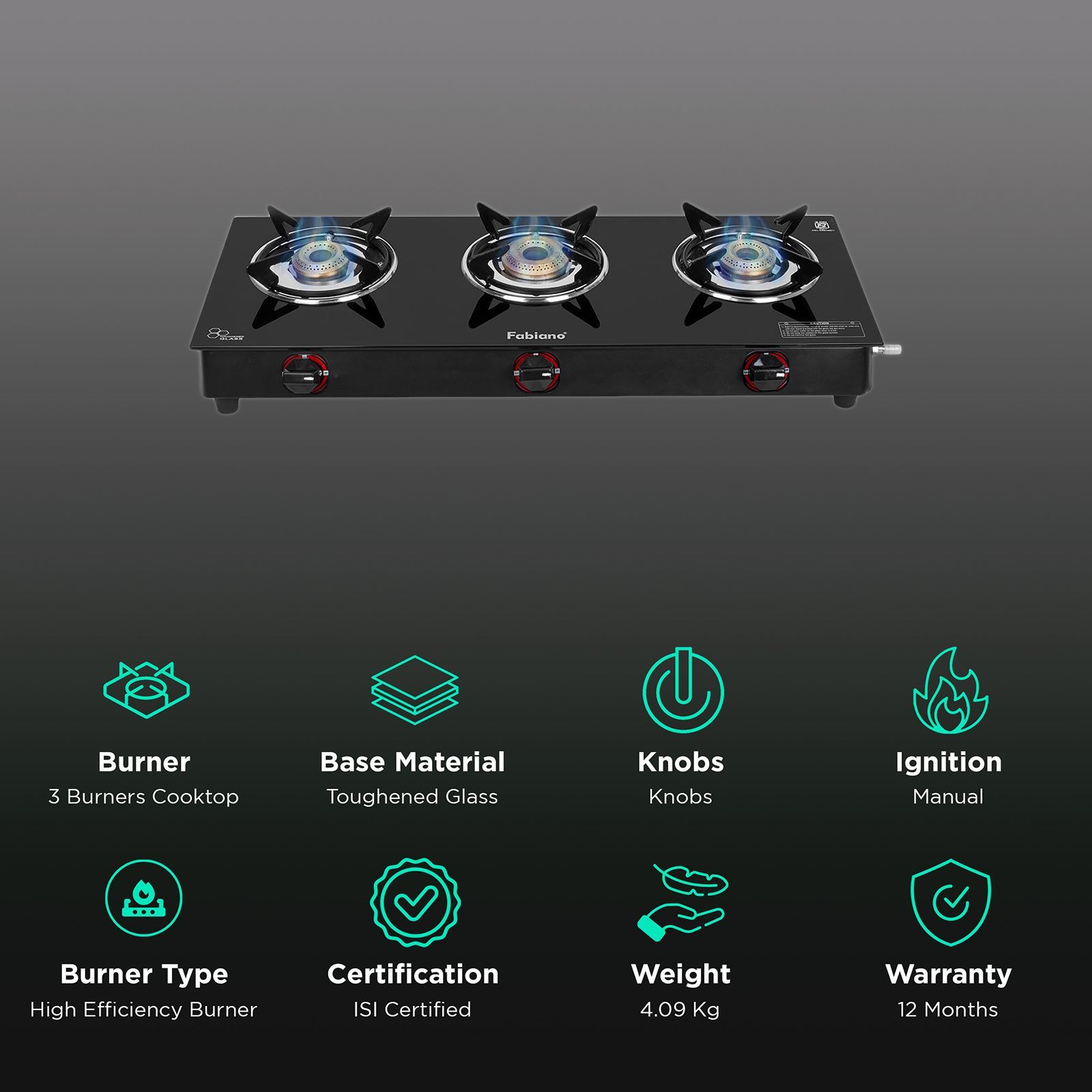 Fabiano FAB3BRNSMART Toughened Glass Top 3 Burner Manual Gas Stove (Pan Support Attachment, Black) Fabiano FAB3BRNSMART Toughened Glass Top 3 Burner Manual Gas Stove (Pan Support Attachment, Black)_3