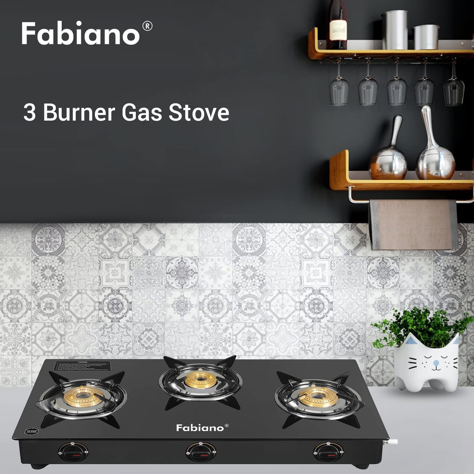 Fabiano Toughened Glass Top 3 Burner Manual Gas Stove(Heat Resistant, Black)_4