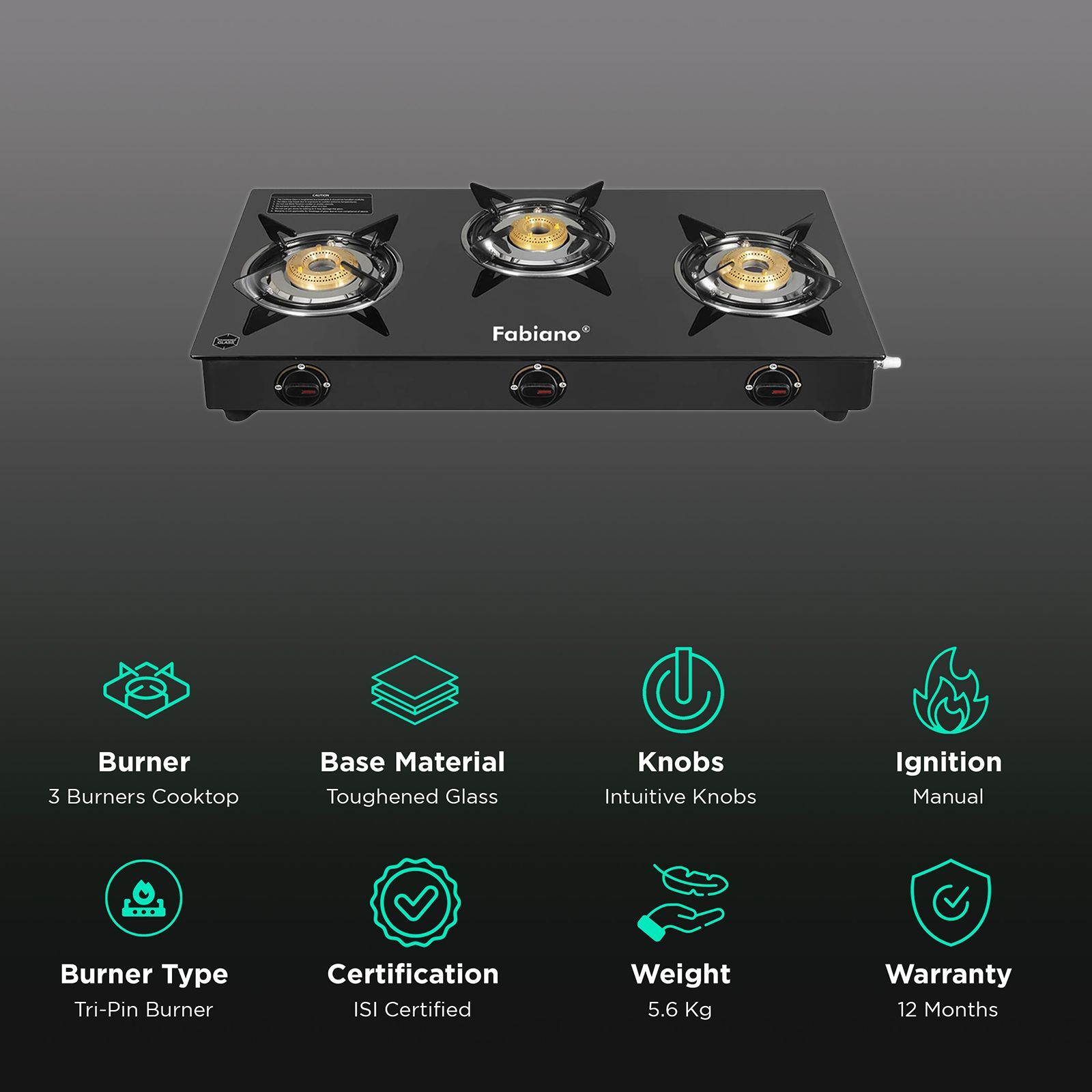 Fabiano Toughened Glass Top 3 Burner Manual Gas Stove(Heat Resistant, Black)_3