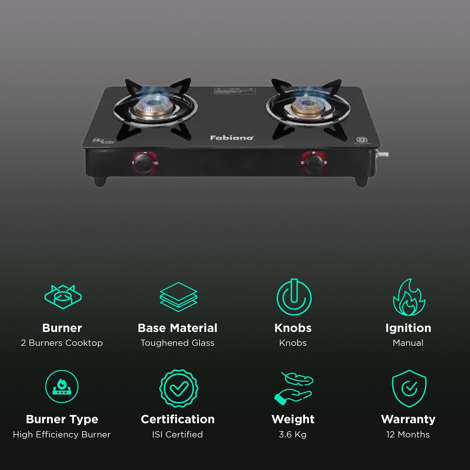 Fabiano Toughened Glass Top 2 Burner Manual Gas Stove (ISI Certified, Black)_3