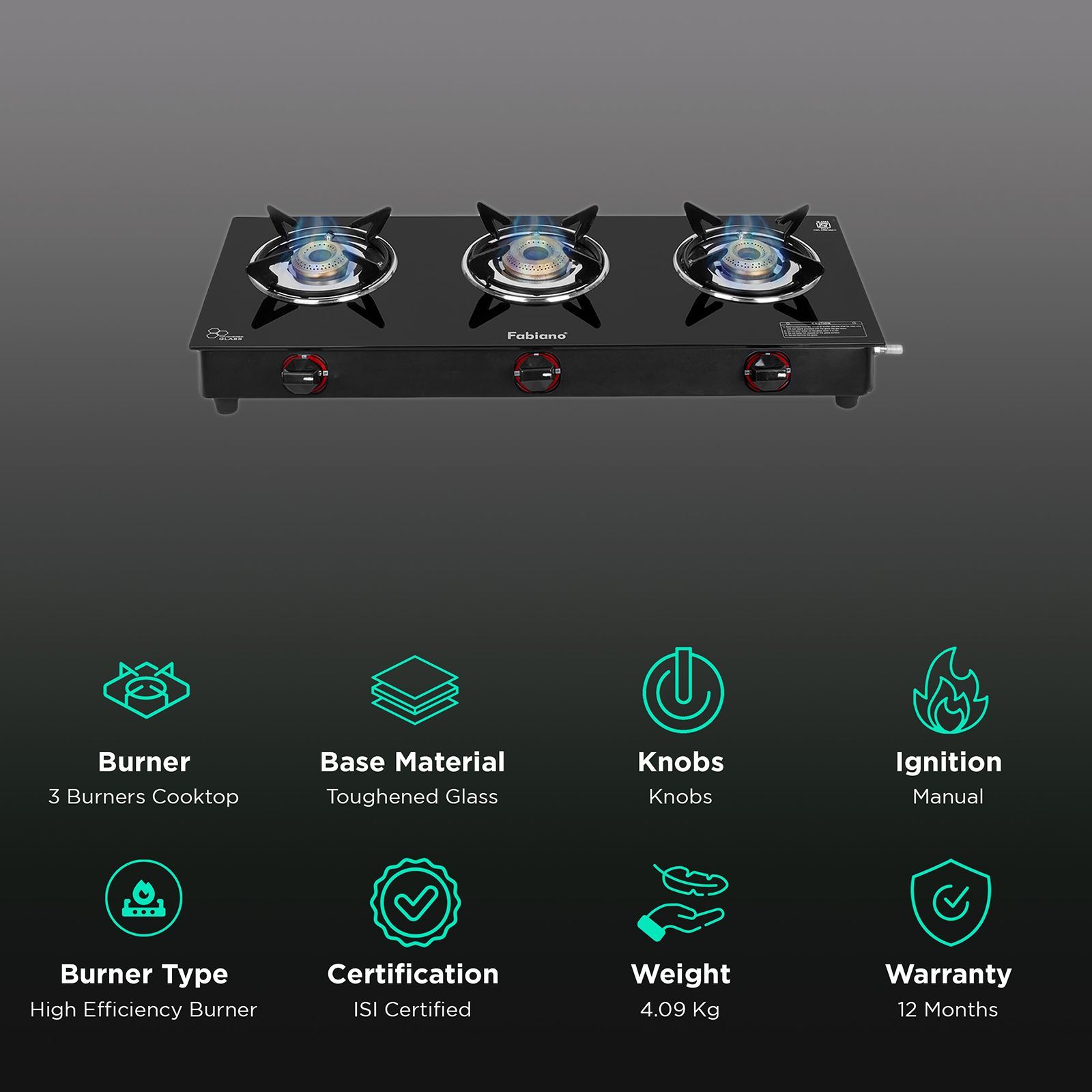 Fabiano FAB-3BRN Toughened Glass Top 3 Burner Manual Gas Stove (High Efficiency Burners, Black)_3