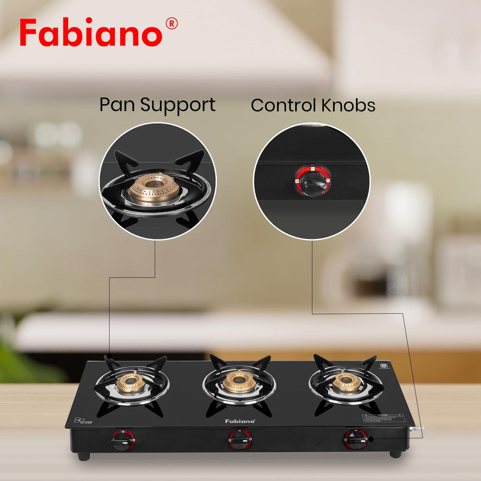 Fabiano FAB-3BRN Toughened Glass Top 3 Burner Automatic Gas Stove (Pan Support Attachment, Black)_7