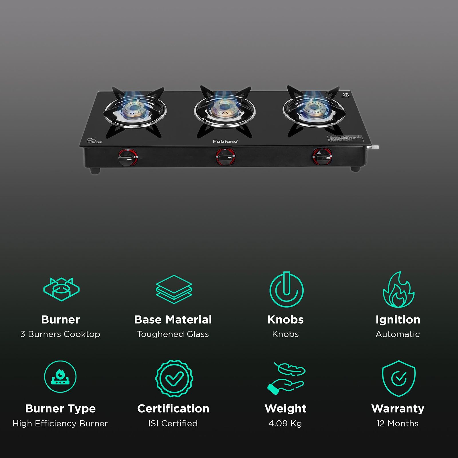 Fabiano FAB-3BRN Toughened Glass Top 3 Burner Automatic Gas Stove (Pan Support Attachment, Black)_3