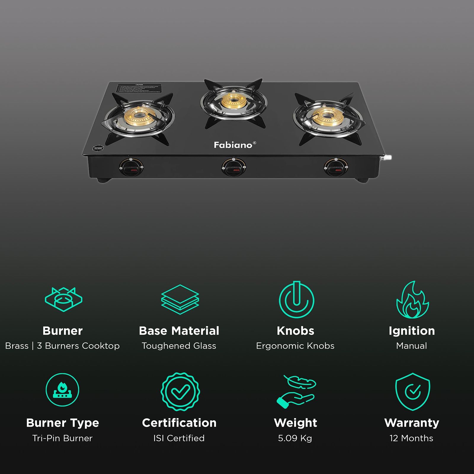 Fabiano FAB-3BR STARLINE Toughened Glass Top 3 Burner Manual Gas Stove (Tri-Pin Burners, Black)_3