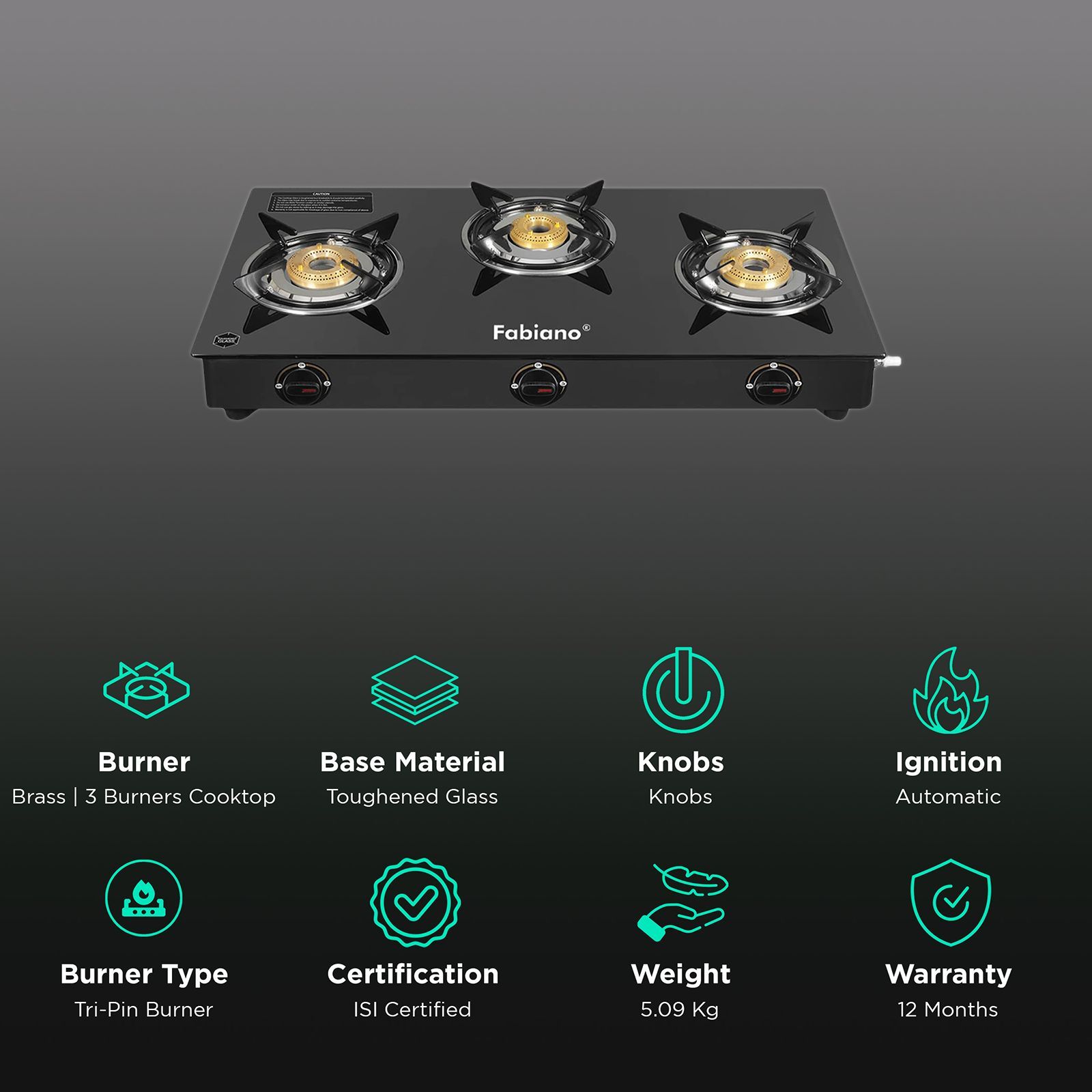 Fabiano FAB3BRSTARLINEAUTO Toughened Glass Top 3 Burner Automatic Gas Stove (Tri-Pin Burners, Black)_3