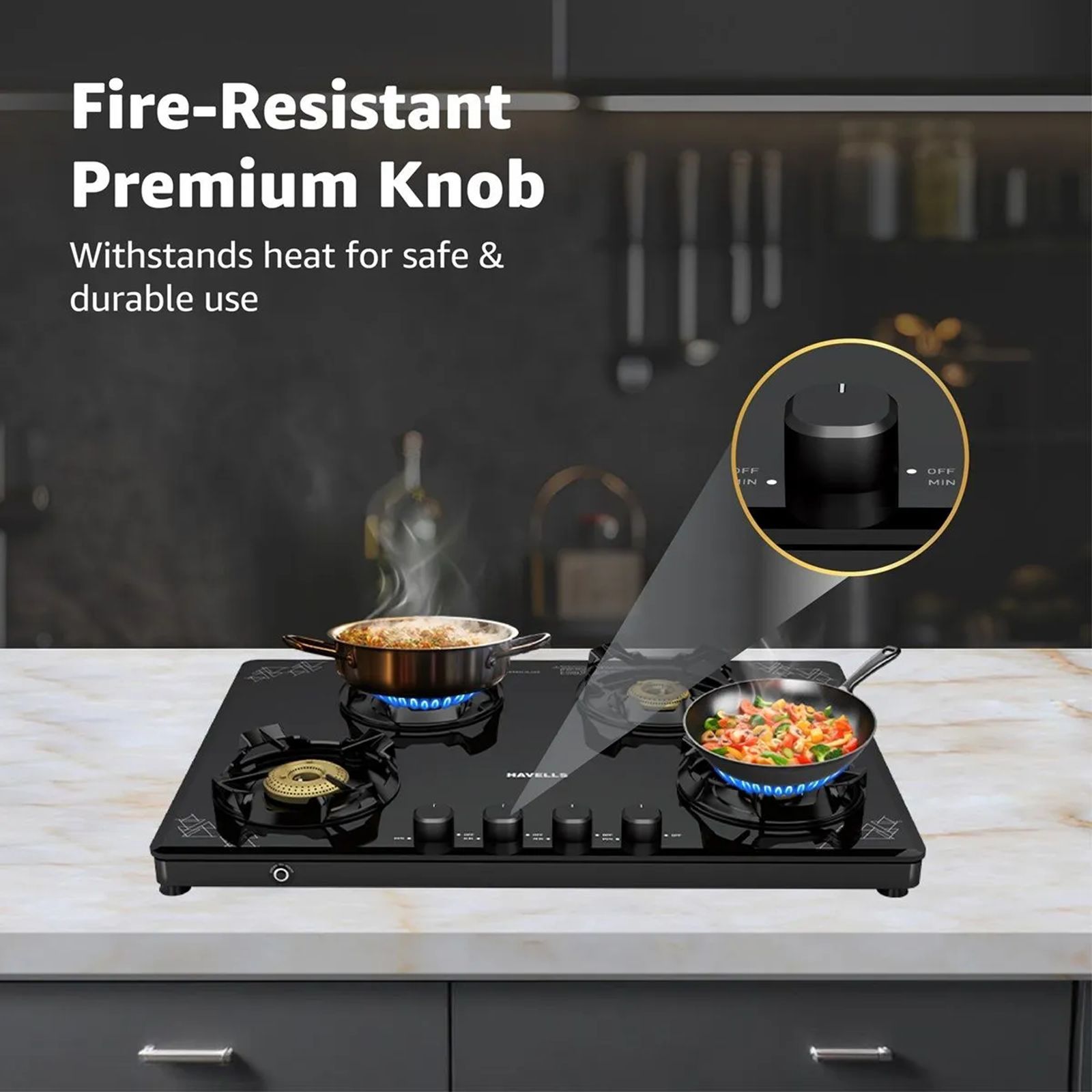 Havells Nucleus Toughened Glass Top 4 Burner Automatic Gas Stove (Heavy Duty Brass Burner, Black)_4