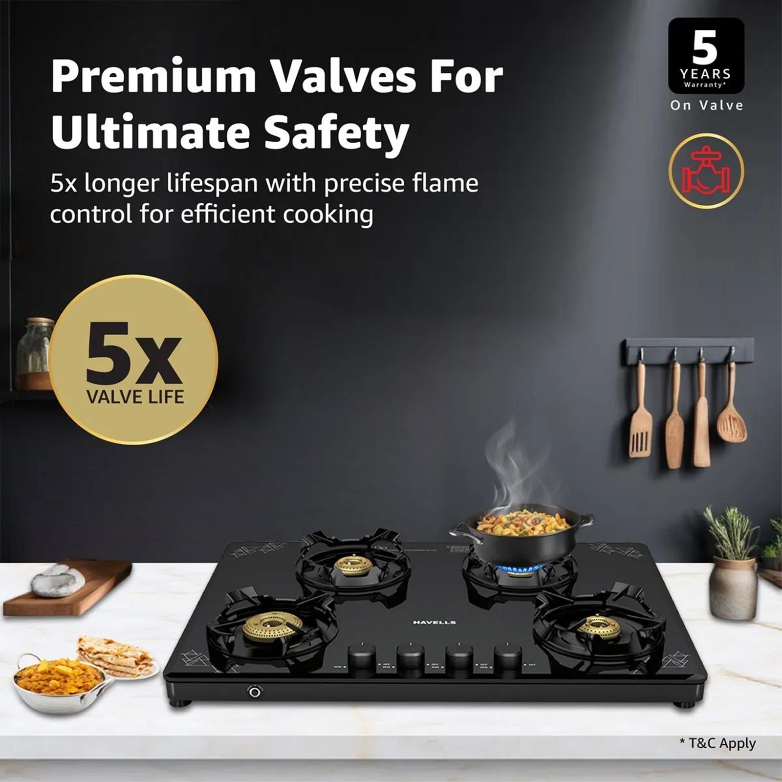 Havells Nucleus Toughened Glass Top 4 Burner Automatic Gas Stove (Heavy Duty Brass Burner, Black)_7