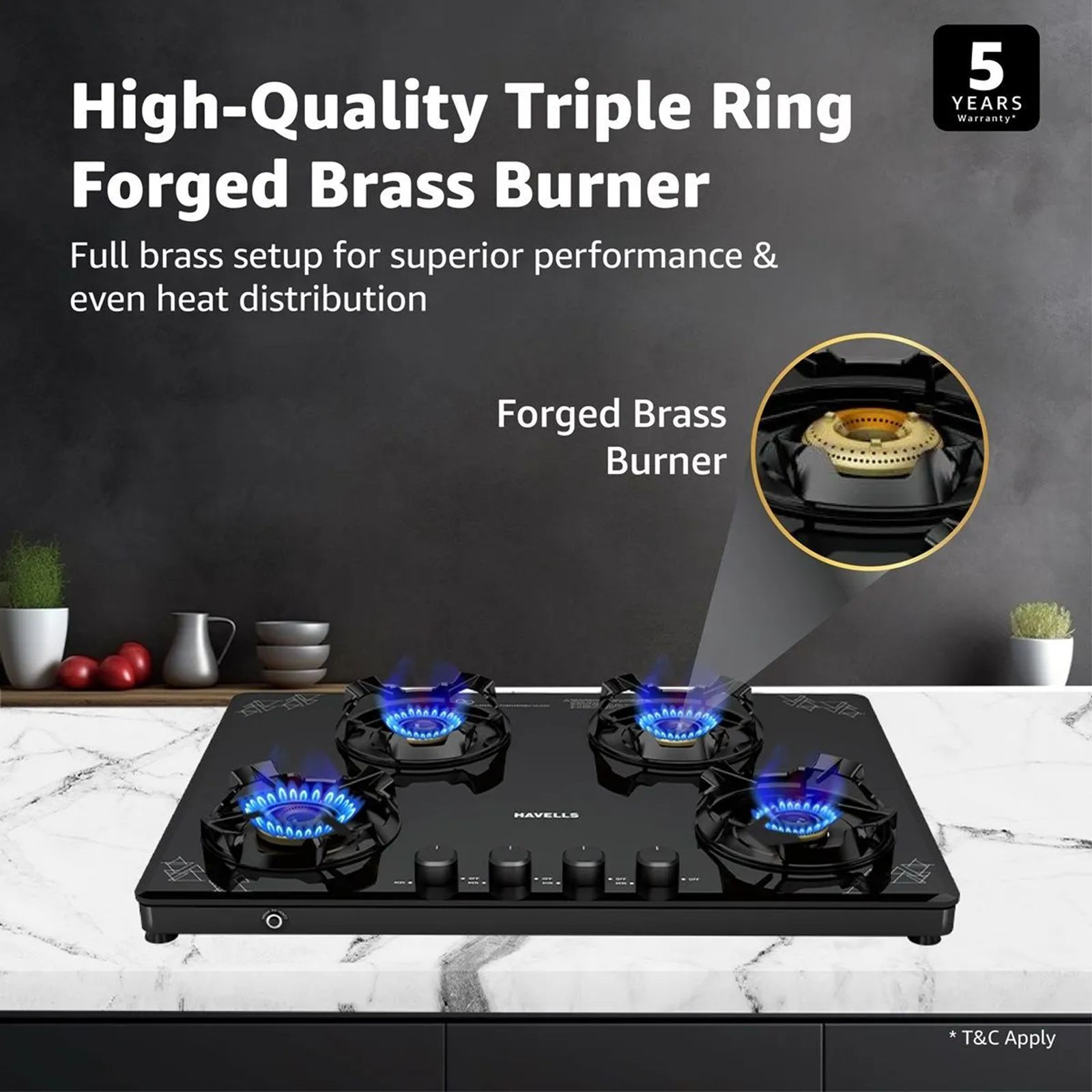 Havells Nucleus Toughened Glass Top 4 Burner Automatic Gas Stove (Heavy Duty Brass Burner, Black)_8