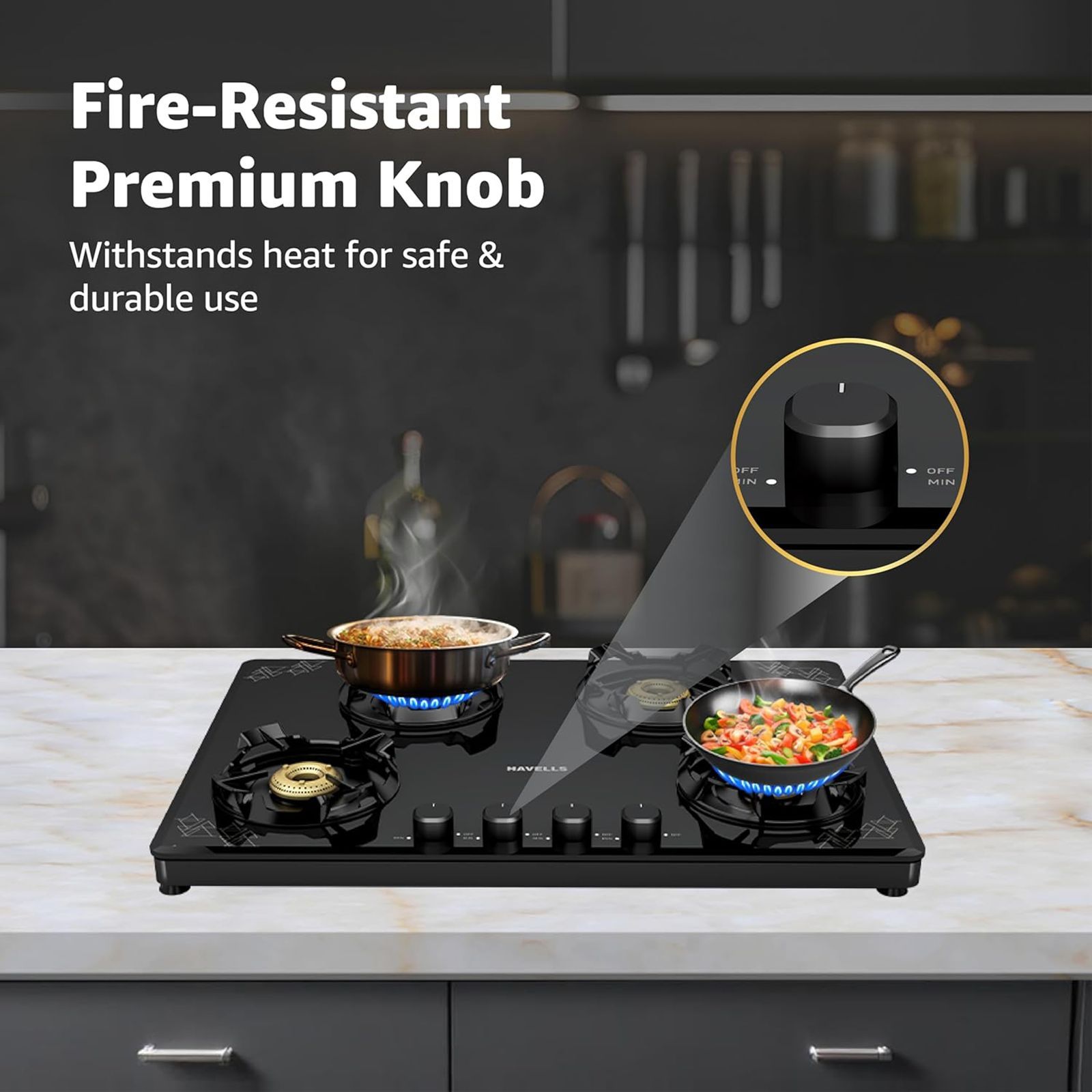 Havells Nucleus Toughened Glass Top 4 Burner Manual Gas Stove (Heavy Duty Brass Burner, Black) Havells Nucleus Toughened Glass Top 4 Burner Manual Gas Stove (Heavy Duty Brass Burner, Black)_5