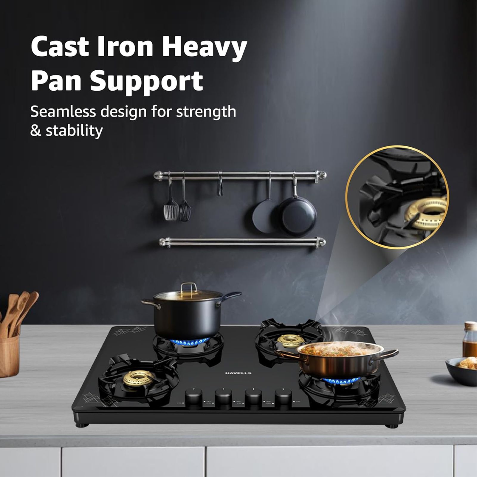Havells Nucleus Toughened Glass Top 4 Burner Manual Gas Stove (Heavy Duty Brass Burner, Black) Havells Nucleus Toughened Glass Top 4 Burner Manual Gas Stove (Heavy Duty Brass Burner, Black)_6