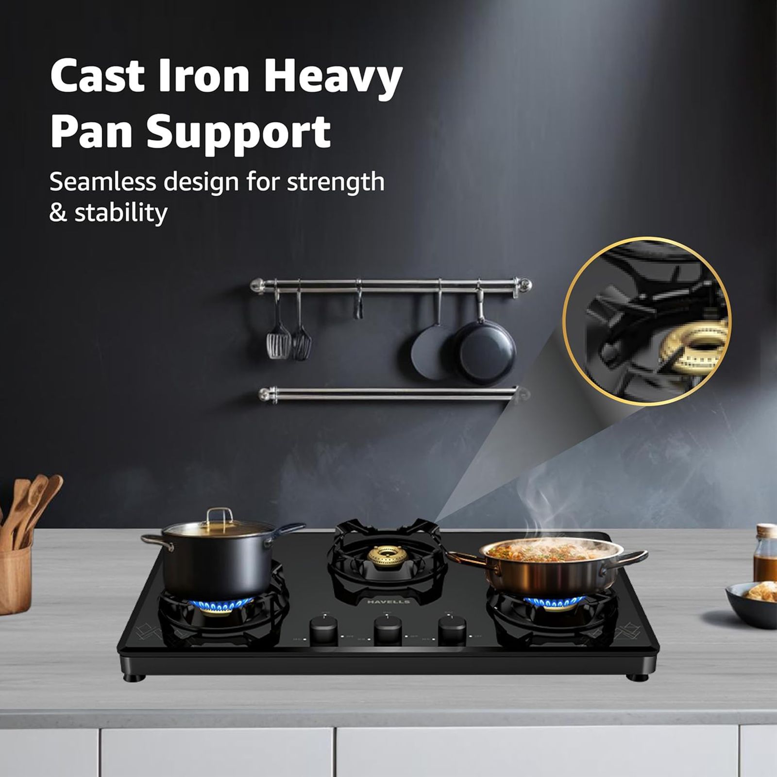 Havells Nucleus Toughened Glass Top 3 Burner Manual Gas Stove (Heavy Duty Brass Burner, Black) Havells Nucleus Toughened Glass Top 3 Burner Manual Gas Stove (Heavy Duty Brass Burner, Black)_3