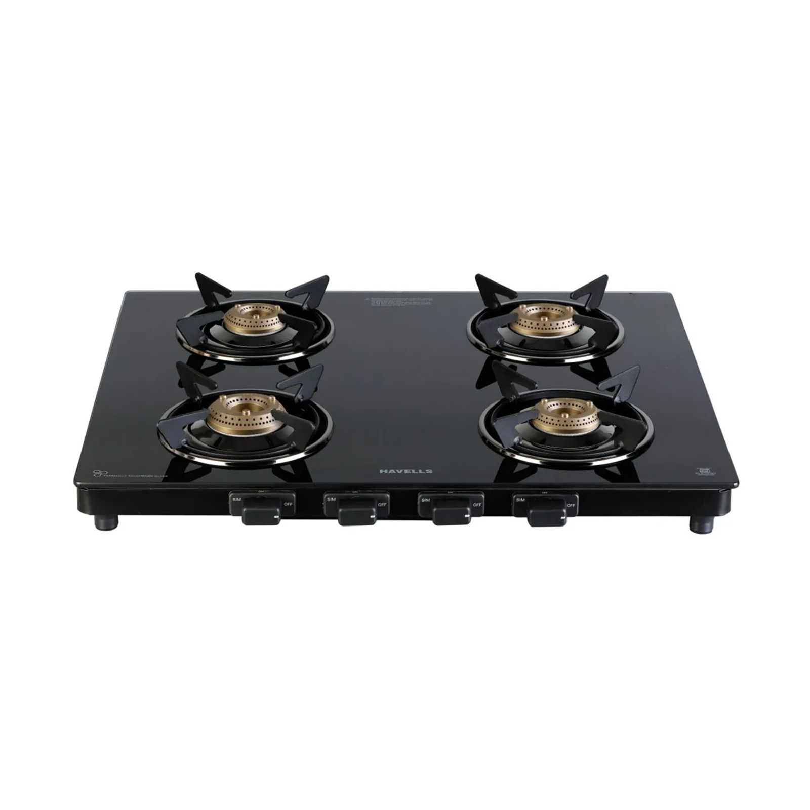 Havells Calore Toughened Glass Top 4 Burner Manual Gas Stove (Heavy Duty Brass Burner, Black)_1