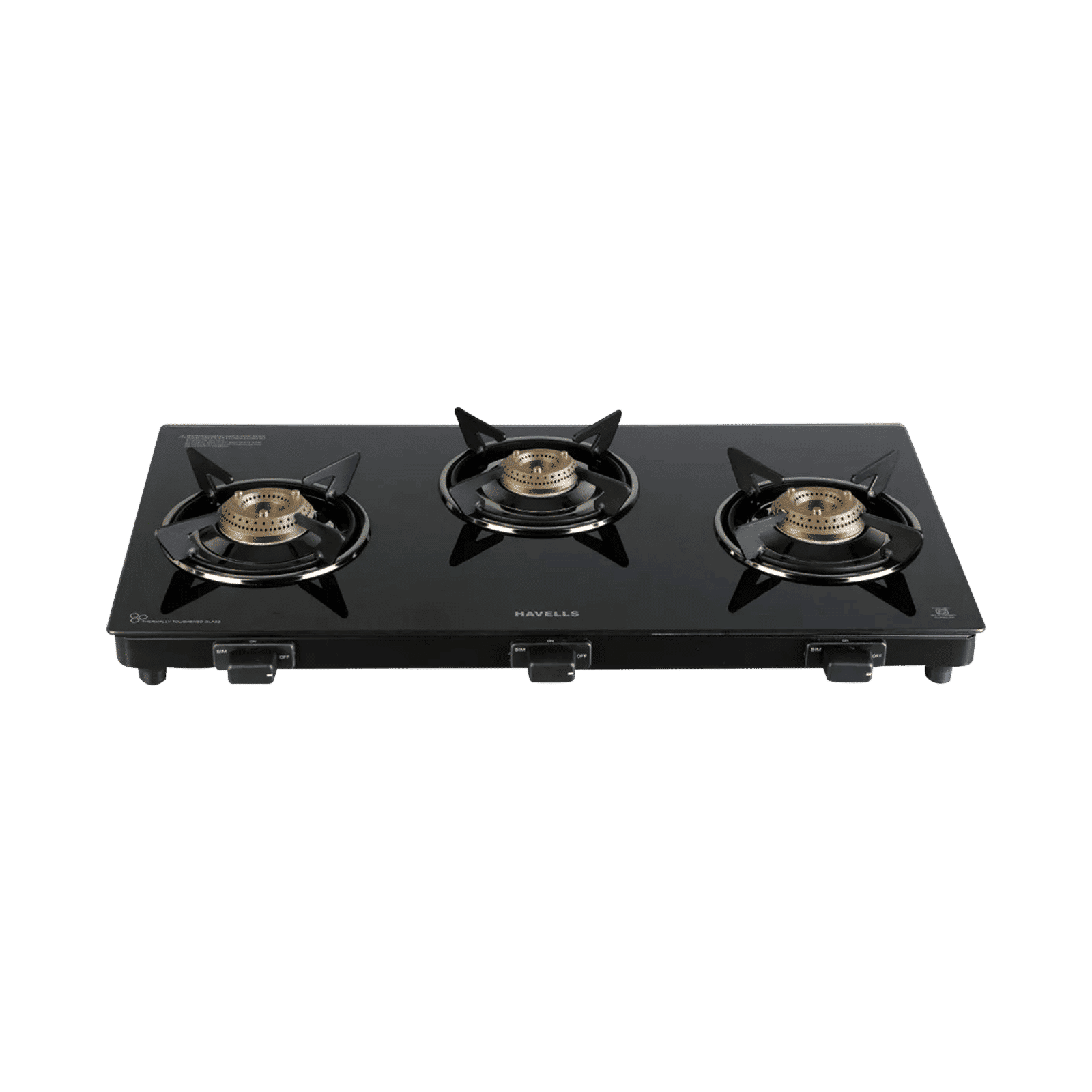 Havells Calore Toughened Glass Top 3 Burner Manual Gas Stove (Heavy Duty Brass Burner, Black)_1