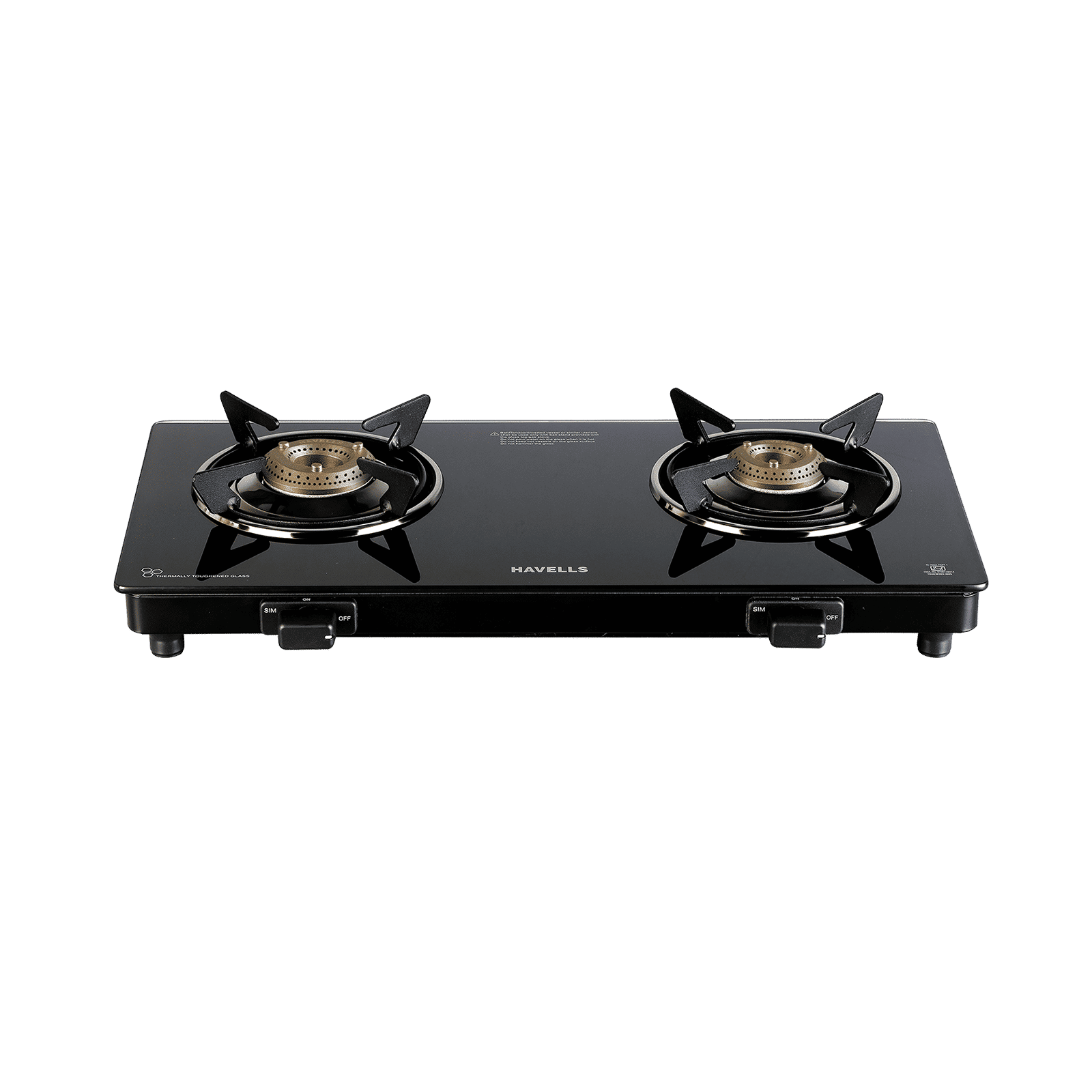 Havells Calore Toughened Glass Top 2 Burner Manual Gas Stove  (Heavy Duty Brass Burner, Black)_1